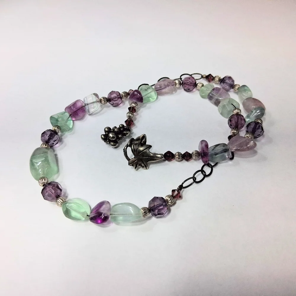 Fluorite Stone Beaded Necklace Purple Green Healing Clarity Balance Crystal
